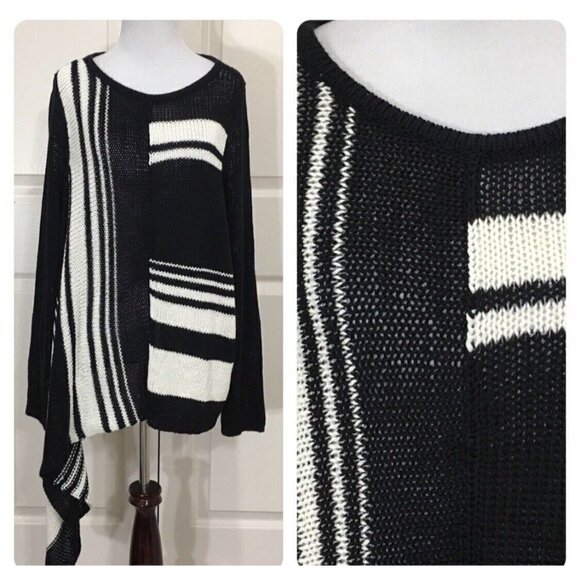 Chico's 1 Sz M Womens Asymmetrical Hem Knit Sweater Minimalist Black Stripe - Picture 4 of 12